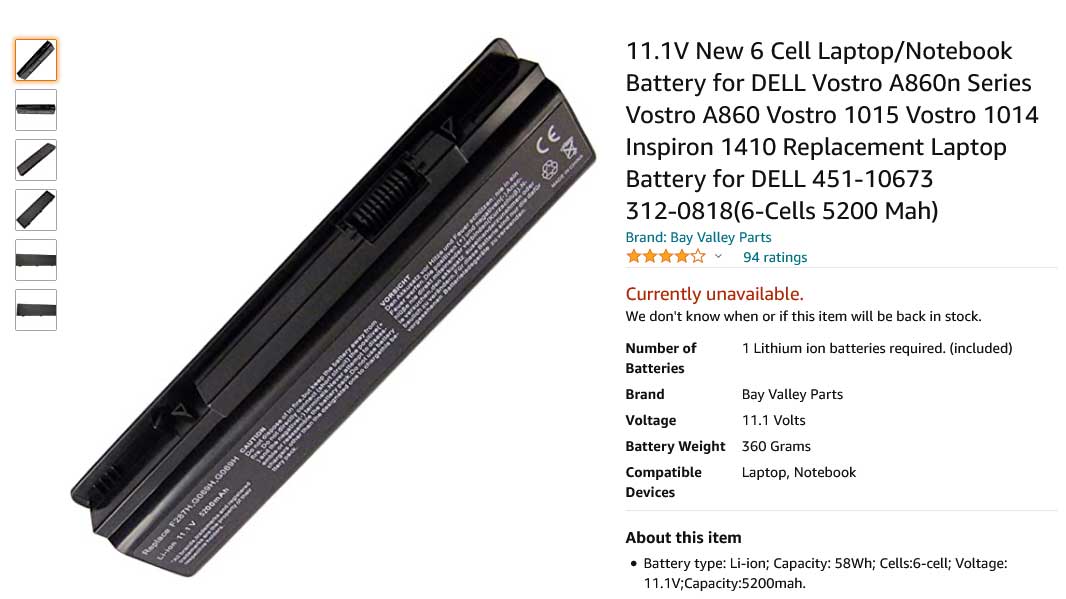 باتری لپ تاپ دل Dell Vostro 1014 1015 A840 A860