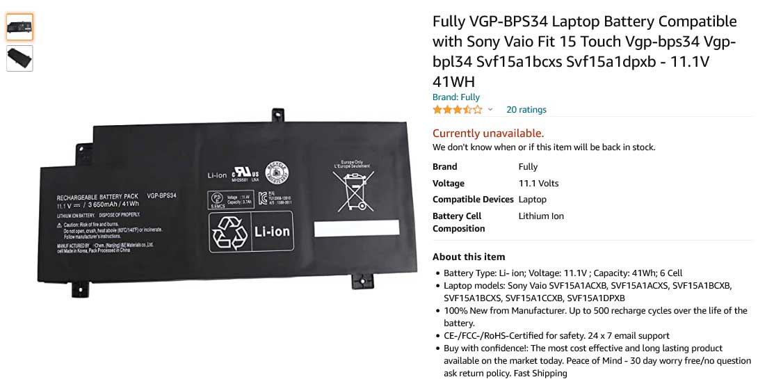 باتری لپ تاپ سونی VGP-BPS34 BPS34 SVF14A15CXB