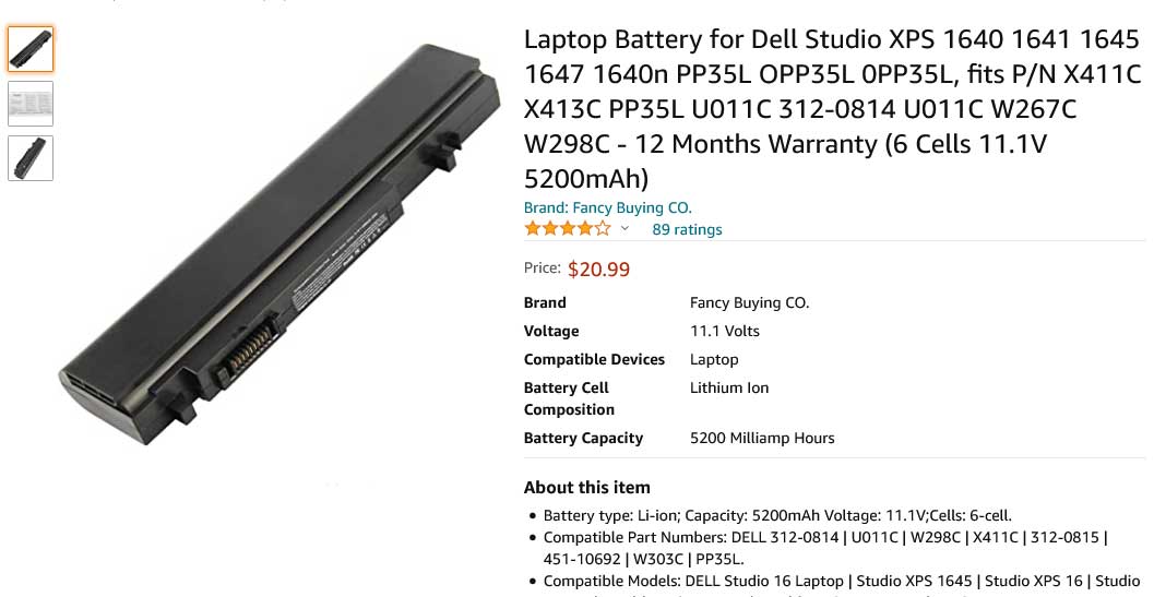 باتری لپ تاپ دل Battery Dell XPS M1640 1640