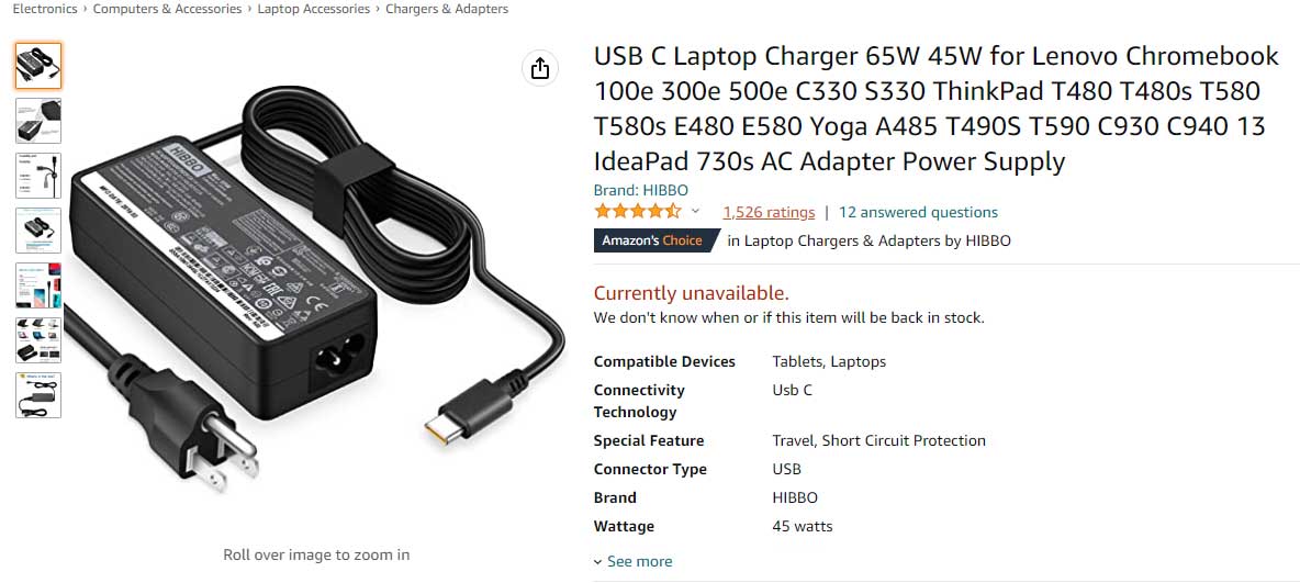 شارژر لپ تاپ لنوو 20 ولت 2.25 آمپر USB Type-C 45W