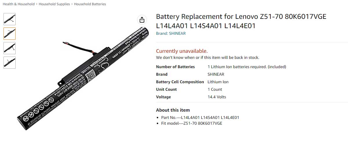 باتری لپ تاپ لنوو IdeaPad 500-15ISK Z51-70 L14L4A01 Z41 Z51 Z41-70