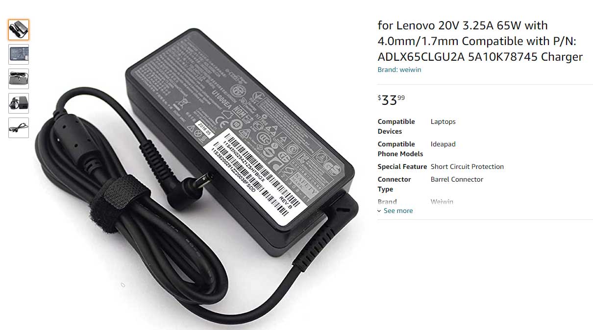 شارژر لپ تاپ لنوو 20 ولت 3.25 آمپر 65 وات 4.0mm*1.7mm