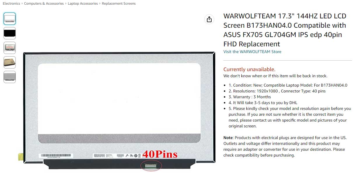 مشخصات ال ای دی لپ تاپ B173HAN04.9 40pin FHD IPS 17.3" EDP 144Hz