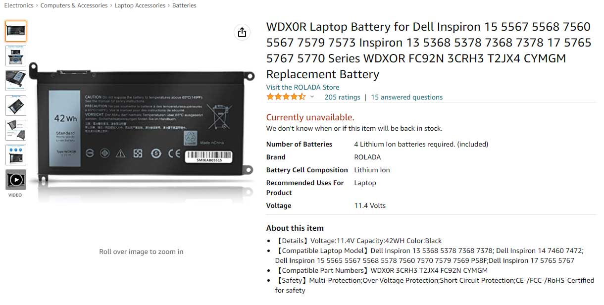 باتری لپ تاپ دل Inspiron 15-5567 WDX0R داخلی اورجینال