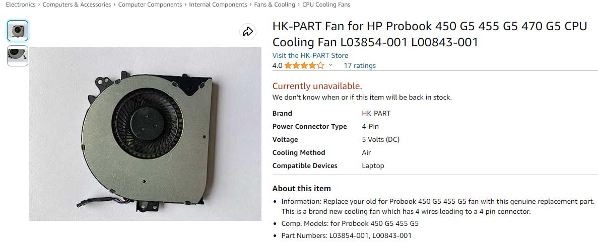 فن لپ تاپ اچ پی HP ProBook 450 G5 L03854-001 XR-6871H008B