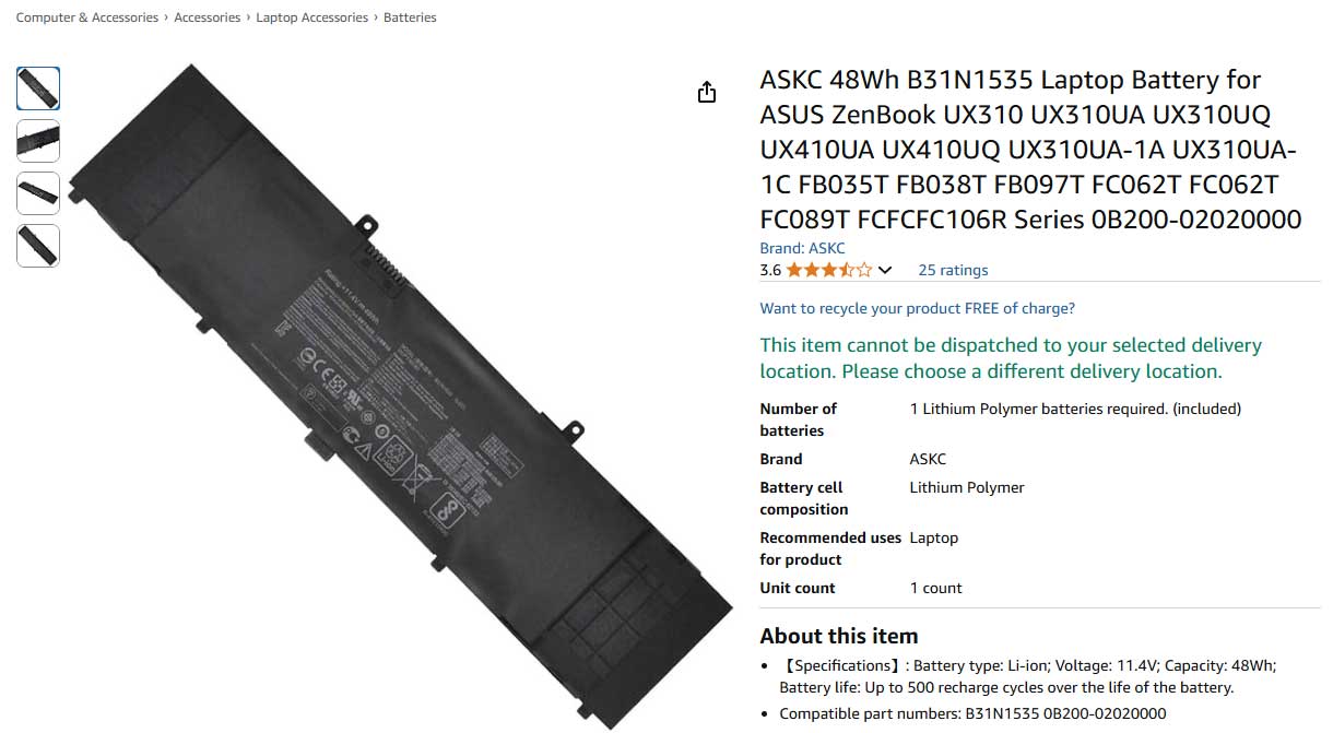 باتری لپ تاپ ایسوس Asus UX310 UX410 B31N1535