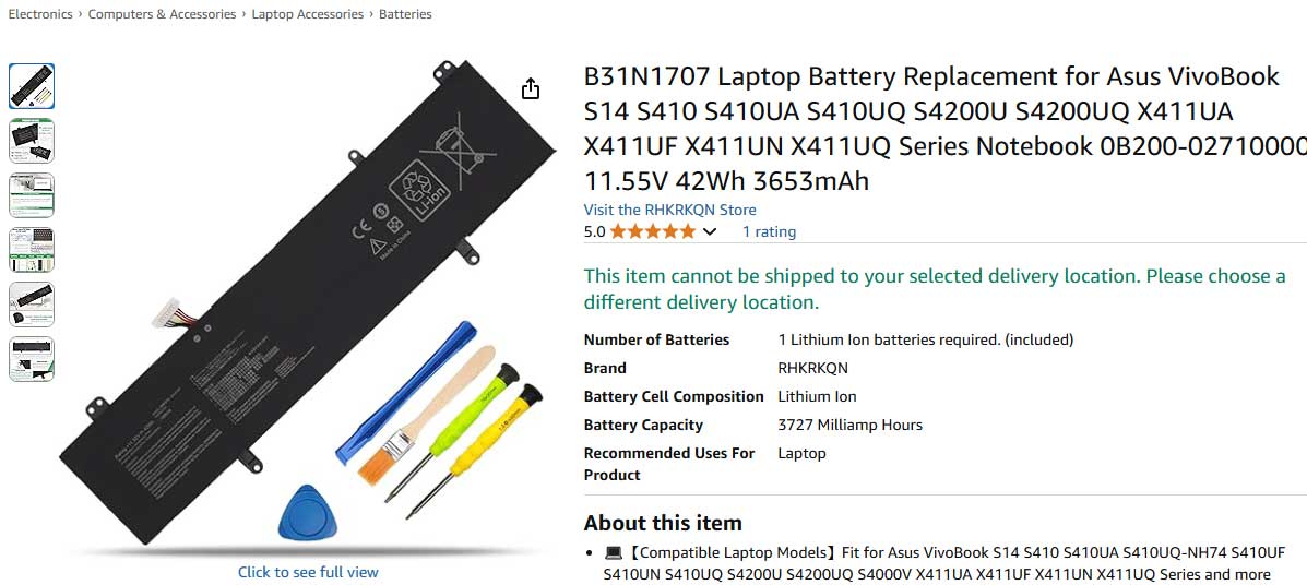 باتری لپ تاپ ایسوس VivoBook S14 S410 B31N1707