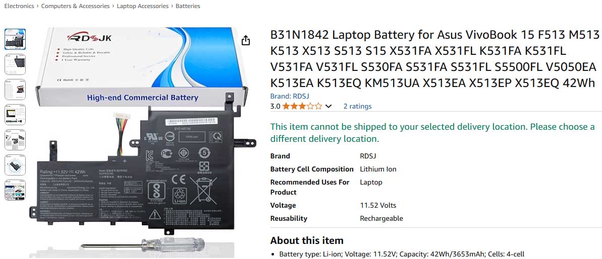 باتری لپ تاپ ایسوس VivoBook K513 M513 X513 B31N1842