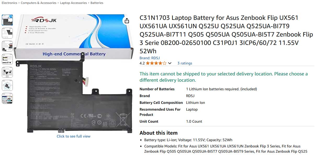 باتری لپ تاپ ایسوس ZenBook UX561 Q505 Q525 C31N1703