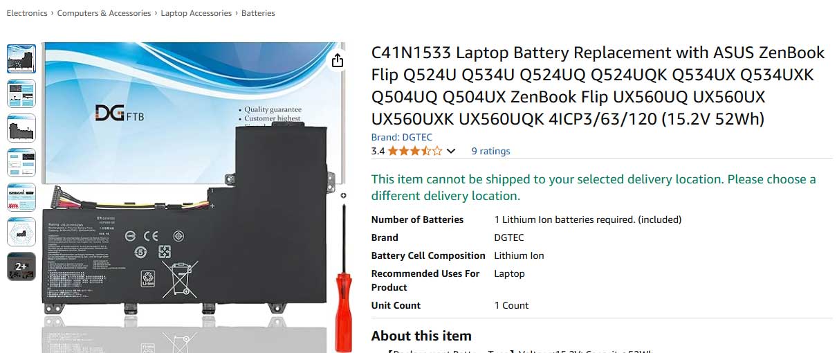 باتری لپ تاپ ایسوس Asus Zenbook UX560U Q534U C41N1533