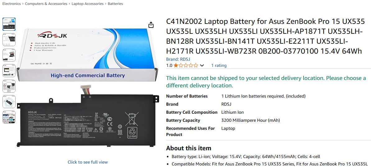 باتری لپ تاپ ایسوس ZenBook Pro 15 UX535 C41N2002