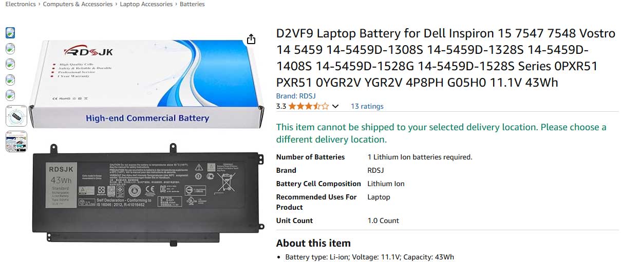باتری لپ تاپ دل Vostro 14 5459 D2VF9 Inspiron 15 7547 7548