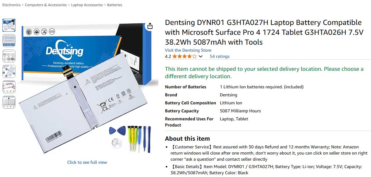 باتری تبلت مایکروسافت Surface Pro 4 G3HTA027H