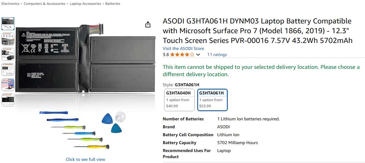 باتری تبلت مایکروسافت Microsoft Surface Pro 7 G3HTA061H