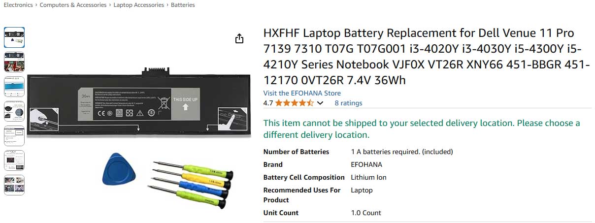 باتری لپ تاپ دل Venue 11 Pro 7130 7139 7140 HXFHF