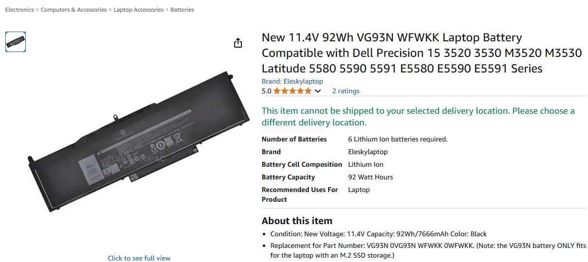 باتری لپ تاپ دل Dell Precision 3520 3530 VG93N