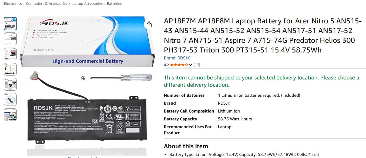 باتری لپ تاپ ایسر Aspire Nitro 5 AN515 AN517 AP18E8M