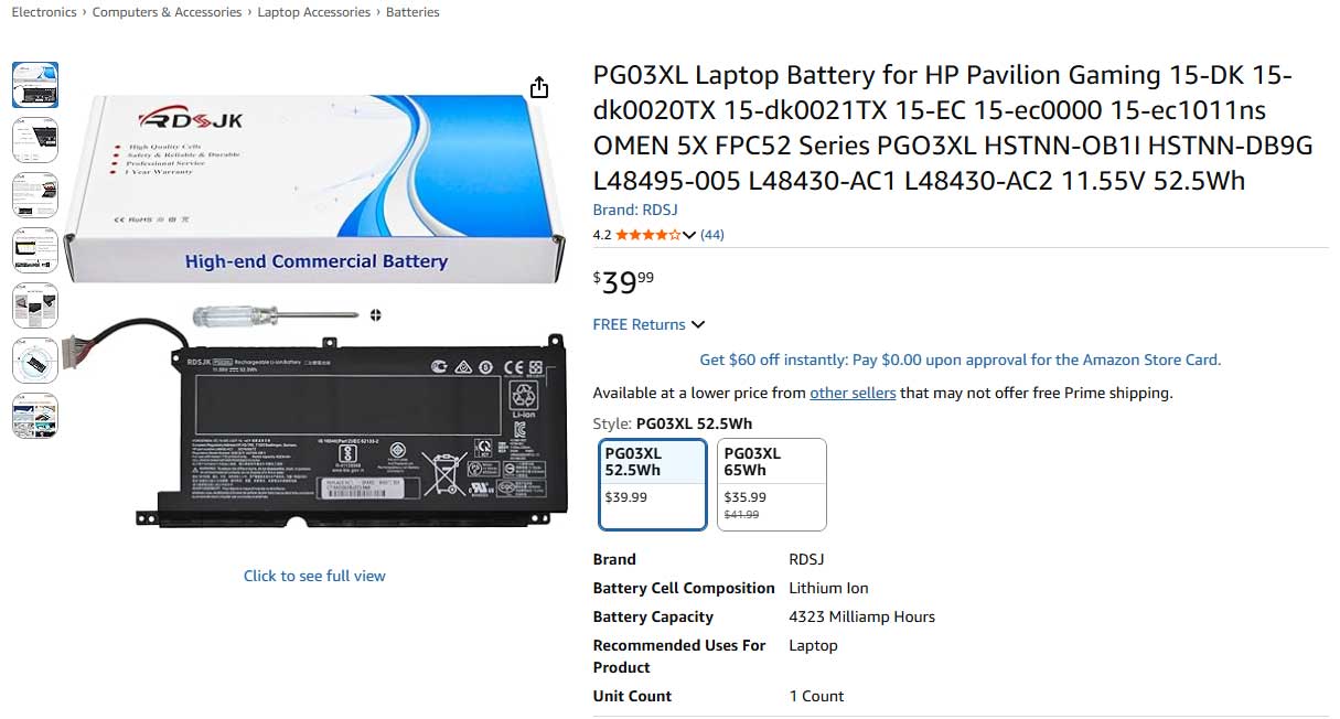 باتری لپ تاپ اچ پی Pavilion Gaming 15 16 PG03XL